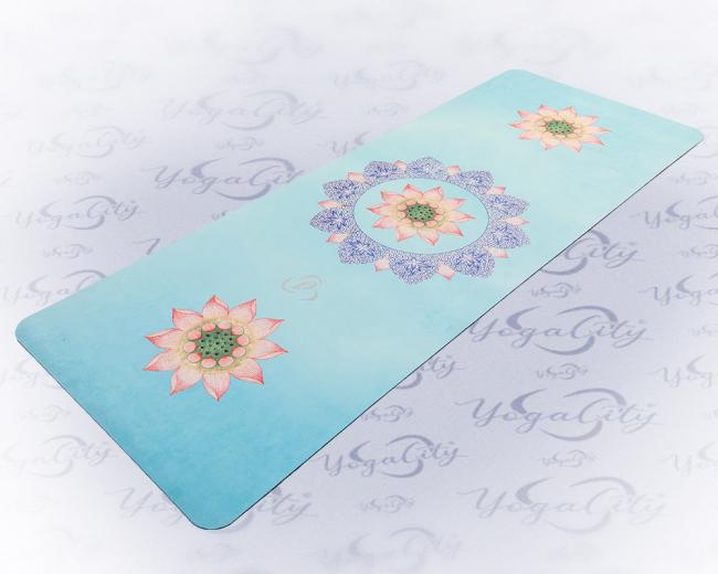 Velúr hatású jógaszőnyeg, 3 lótuszvirág mintás, kék